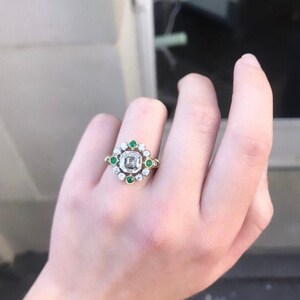 Art Deco Asscher Cut Moissanite Unique Vintage Halo Engagement Ring, Made In 10k Solid Yellow Gold CZ Diamond Proposal Ring For Women