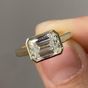 East West Emerald Cut Moissanite Full Bezel Ring, 14K Solid Yellow Gold Solitaire Ring, One Diamond Ring, Engagement Ring, Gift For Women
