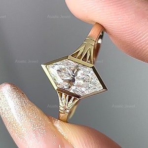 Elongated Hexagon Moissanite Ring, 18K Yellow Gold Bezel Solitaire