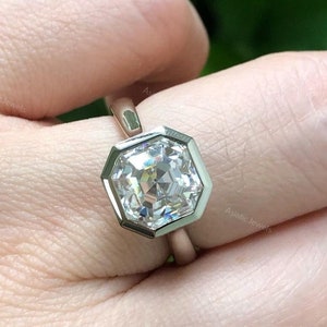 Asscher Cut Moissanite Hidden Halo Full Bezel Ring, 18K Solid Yellow Gold Engagement Ring, Gold Women Ring, Anniversary Gift, Ring For Her