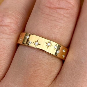 Round Cut Moissanite Celestial Wedding Band, 18K Solid Yellow Gold Stars Engraved Band, Matching Band, Antique Band, Unique Women Band