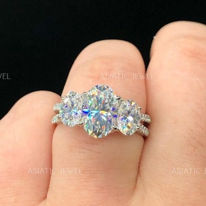 Oval Cut Moissanite Three Stone Engagement Ring, 925 Starling Silver Split Shank Ring, Solitaire With Accent Ring, Past Present Future Ring