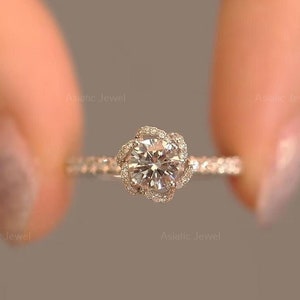 Okrągły szlif Moissanite Solitaire z pierścieniem akcentowym, 10-karatowy żółty złoty pierścień w stylu kwiatowym, pierścień w kształcie koszyka tulipanów, obrączka ślubna, pierścień zaręczynowy