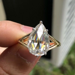 Pear Rose Cut Moissanite Solitaire Engagement Ring, 18K Solid Yellow Gold Split Shank Ring, One Diamond Ring, Proposal Ring, Gift For Women
