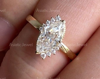 Marquise-Cut Moissanite Cluster Engagement Ring, 14K Solid Yellow Gold Proposal Ring, Unique Women Ring, Diamond Ring, Anniversary Gift