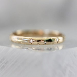 10K Gold Unique Moissanite Celestial Wedding Band For Her, Antique Jewelry, Stars Engraved Diamonds Bridal Band