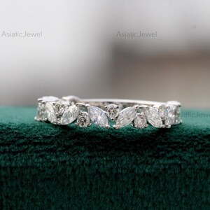 Marquise & Round Cut Moissanite Half Eternity 14K White Gold Wedding Band, 14k Solid Gold Stacking Band, Matching Band For Engagement Ring