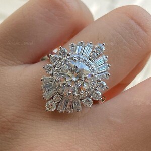 Round Cut Moissanite Halo Art Deco Ring, 14K Solid Rose Gold Unique Women Ring, Engagement Ring, Anniversary Gift, Promise Ring For Her