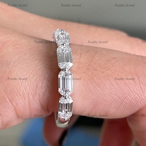 East West Emerald Cut Moissanite Seven Stone Band, 10K Solid White Gold Engagement Band, Matching Band, Stacking Band, Proposal Band For her