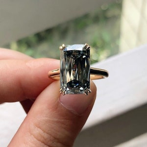 Gray Long Criss Cut Moissanite Solitaire Wedding Ring, Grey Criss Diamond Double Prong Proposal Ring, 14k Solid Yellow Gold Ring For Women