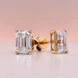 Emerald Cut Moissanite One Diamond Stud Earring, 14K Solid Yellow Gold Minimalist Earring, Screw Back Earring, Anniversary Gift For Her