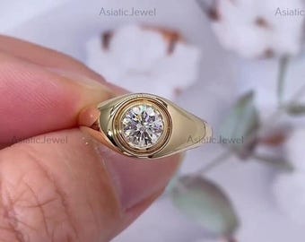 Anillo solitario redondo con diamante cultivado en laboratorio, anillo de compromiso con engaste de bisel de oro amarillo de 14 quilates