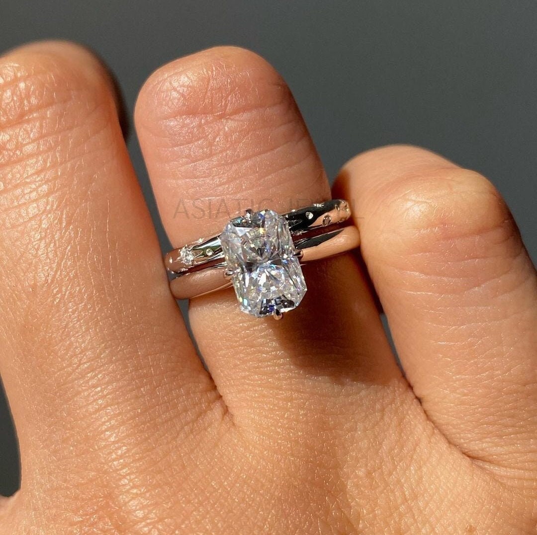 Radiant Cut Moissanite Solitaire Engagement Ring With Flush