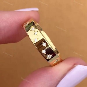 Unique Gold & Moissanite Celestial Wedding Band For Her, Antique Jewelry, Stars Engraved Diamonds Bridal Band, Starburst Wide Wedding Band