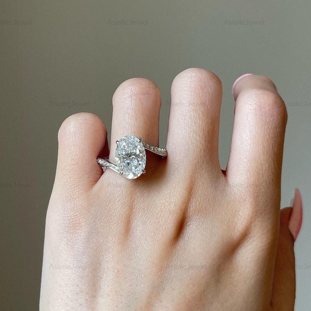 Oval Moissanite Bypass Ring, Hidden Halo, 18K Yellow Gold