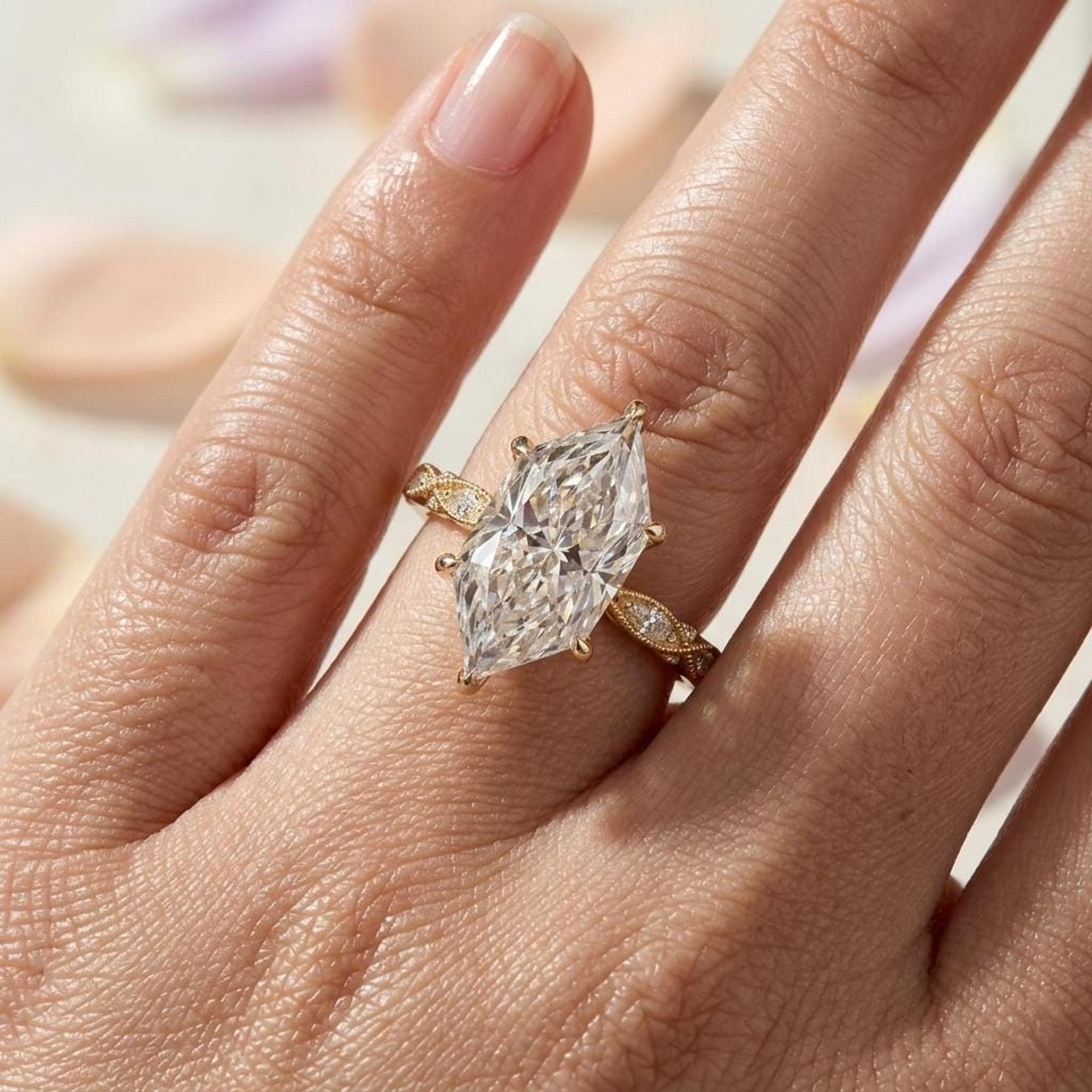 Vintage Dutch Marquise Moissanite Engagement Ring: 14k Yellow Gold Art…