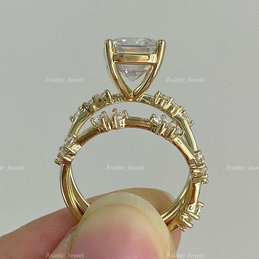 Emerald Cut Moissanite Bridal Ring Set, 14K Yellow Gold Wedding Set - Etsy