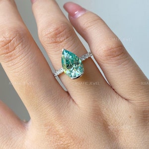 Cyan Blue Pear Cut Moissanite Half Bezel Ring, 14K Solid White Gold Solitaire With Accent Ring, Engagement Ring For Women, Anniversary Gift