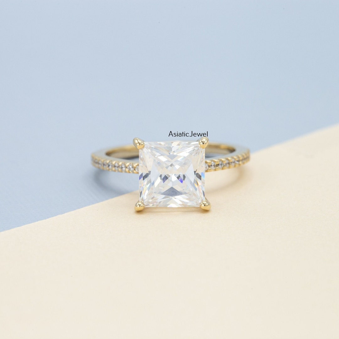 Princess Cut Lab Grown Diamond 18K Yellow Gold Hidden Halo Ring - Etsy