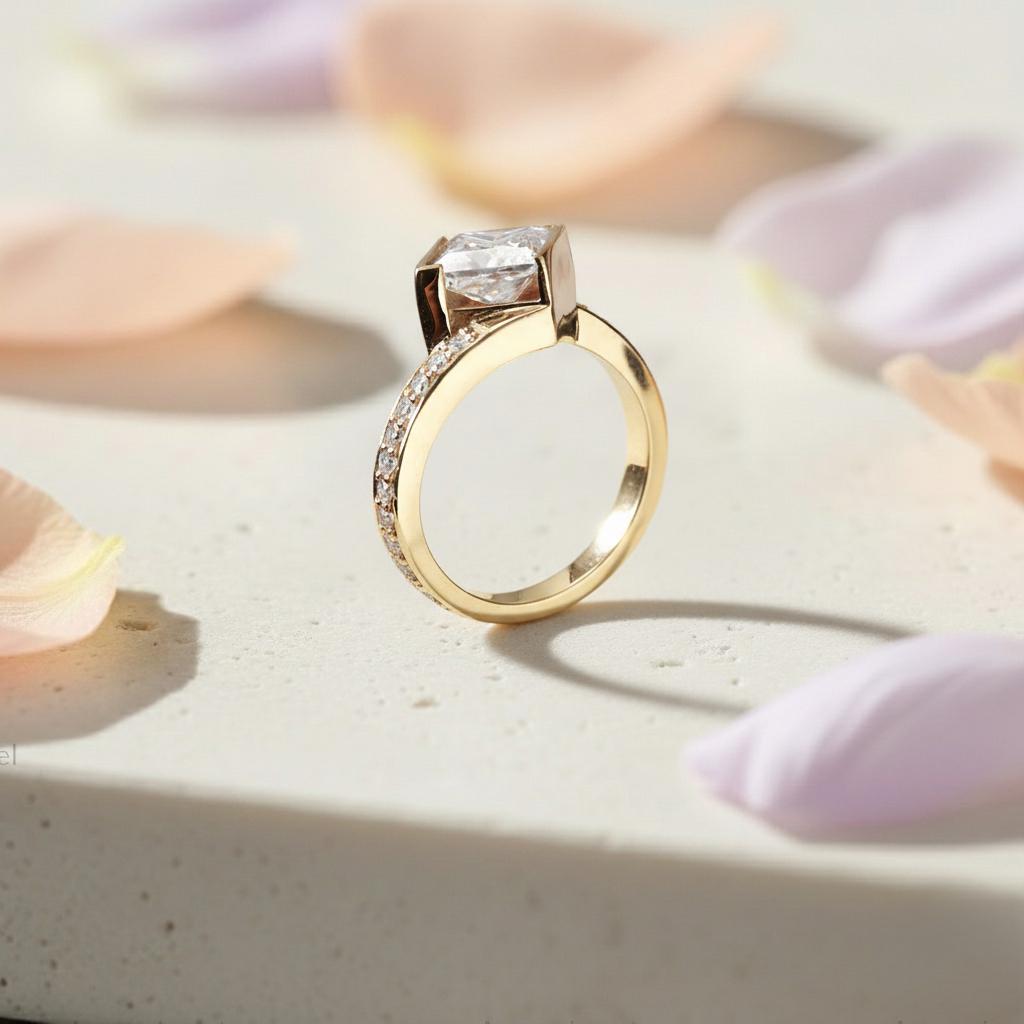 Princess Cut Lab Diamond Engagement Ring, 14K Yellow Gold Pave Band - Etsy