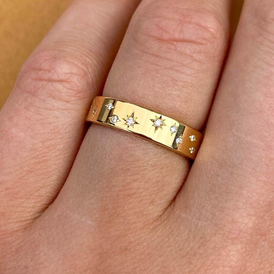 Lab Grown Diamond Celestial Band, 18K Yellow Gold Star Ring - Etsy