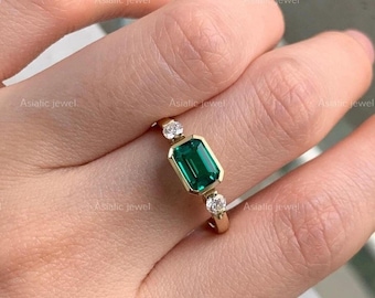 Green Emerald Cut Moissanite Ring, 14K Yellow Gold Bezel Set, Three Stone Ring