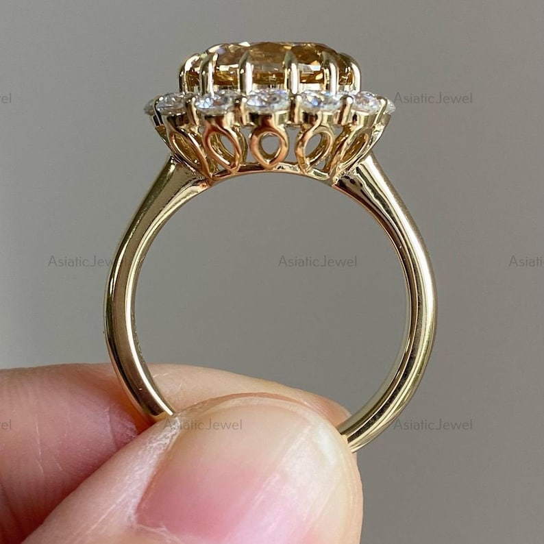 Champagne Moissanite Halo Ring, 14K Yellow Gold, Antique Style - Etsy
