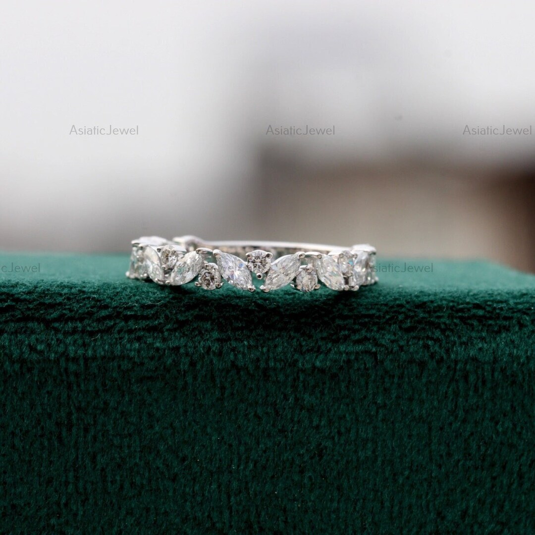 Moissanite Half Eternity Wedding Band, Marquise Round Cut, 14K White ...