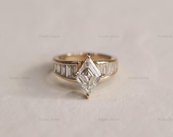 Lozenge Lab Grown Diamond Solitaire Ring, 18K Yellow Gold Pave Accent