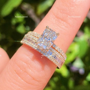 Radiant Cut Moissanite Solitaire WithAccent Ring, 10K Solid Yellow Gold Half Eternity Band, Matching Band, Bridal Ring Set, Wedding Ring Set