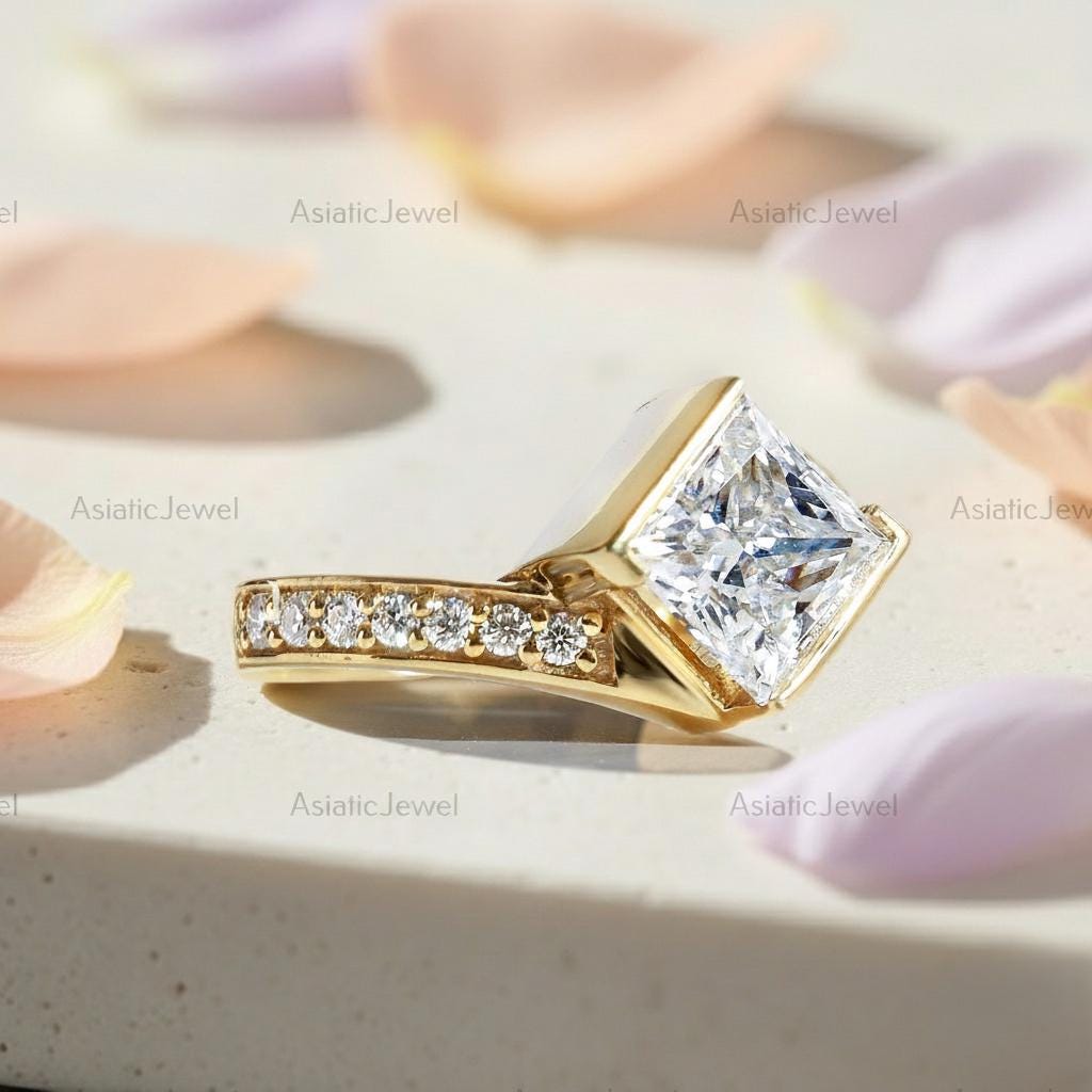 Princess Cut Lab Diamond Engagement Ring, 14K Yellow Gold Pave Band - Etsy