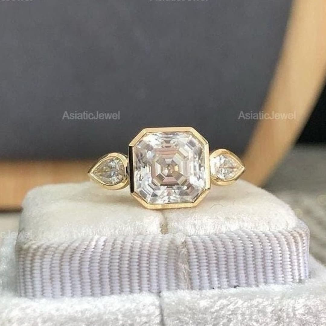 Asscher Cut Moissanite Full Bezel Three Stone Ring, 14K Solid Yellow ...