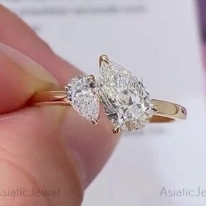 Pear Cut Lab Created Diamond Toi Et Moi Ring, 10K Solid Yellow Gold Ring, CVD Two Diamond Ring, Couple Ring, Anniversary Gift Ring For Women