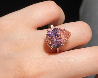 Anillo de compromiso con diamante CZ rosa talla pera, oro rosa de 14 quilates, forma de lágrima.