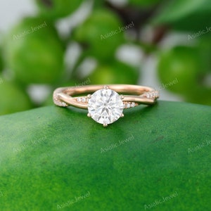 Round Cut Lab Created Diamond Solitaire With Accent Ring, 14K Solid Yellow Gold Twisted  Ring, Unique Engagement Ring, Women Diamond Ring