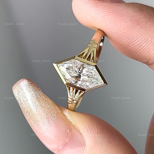 Elongated Hexagon Cut Moissanite Solitare Ring, 18K Solid Yellow Gold Full Bezel Ring, One Diamond Ring, Wedding Ring, Anniversary Gift
