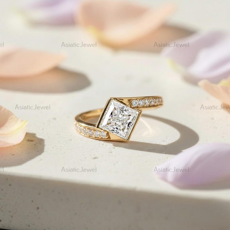 Princess Cut Lab Diamond Engagement Ring, 14K Yellow Gold Pave Band - Etsy