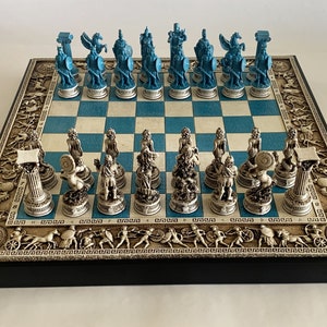 Blue Chess Set /  Greek Mythology / Artistic Objects / Ancient Stone Look /  Polystone Chess Pieces and Board Special Framed / Best Gift