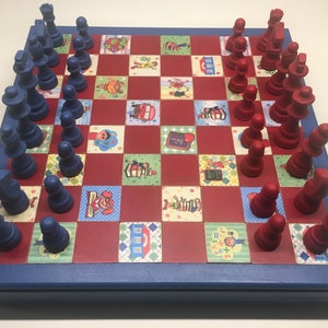 Caja de ajedrez de madera para niños / Piezas de ajedrez de poliéster pintadas con técnica especial / Fácil de transportar / Juego mental y divertido / Diseño personalizado para usted