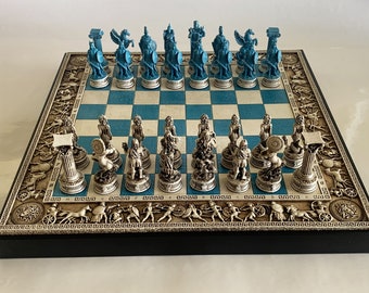 Blue /  Greek Mythology Handcrafted Chess Set. Timeless gift for chess lovers, collectors, and mythology enthusiast.