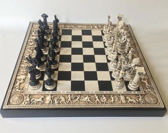 Chess Set /  Greek Mythology / Ancient Stone Look / Artistic Objects / Polystone Chess Pieces and Board Special Framed / Mind Game/Best Gift