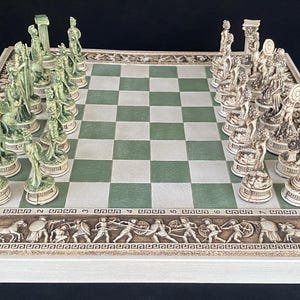 Green /  Greek Mythology Handcrafted Chess Set. Timeless gift for chess lovers, collectors, and mythology enthusiast.