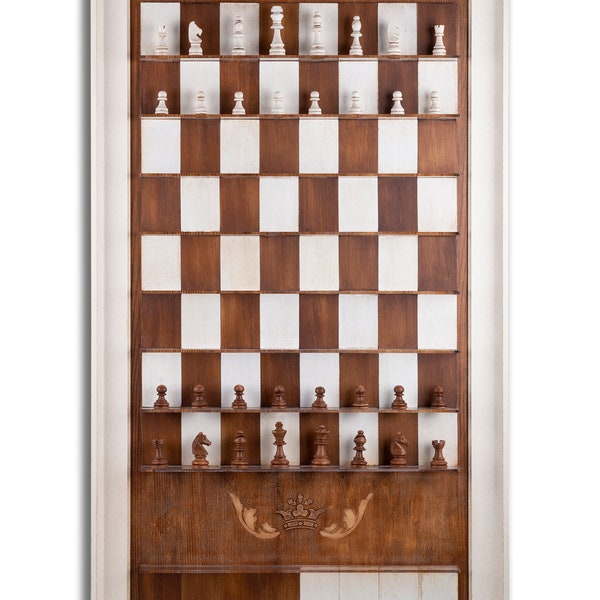 White framed vertical wall wooden chessboard and custom painted chess pieces /wall decor /free polyester chess pieces /custom design for you