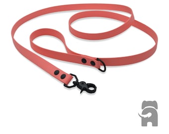 May include: A coral pink dog leash with a black metal clip and two black metal rings.
