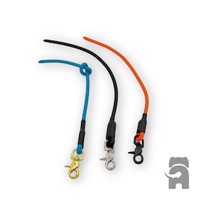 May include: Three dog leashes with different colored cords and metal clips. The leashes are blue, black, and orange.