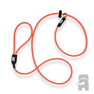 May include: A bright orange dog leash with black hardware and a small loop at one end. The leash is made of a soft, flexible material.