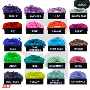 May include: A chart of 18 different colors of elastic cord, each color is wound into a circle and labeled with its name. The colors include black, purple, lavender, lilac, shadow sage, red, pink, orange, berry, blue, dark turquoise, baby blue, brown, green, teal, spearmint, coral, deep blue, yellow, dusty turquoise, and periwinkle.