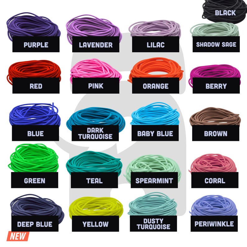 May include: A chart of 18 different colors of elastic cord, each color is wound into a circle and labeled with its name. The colors include black, purple, lavender, lilac, shadow sage, red, pink, orange, berry, blue, dark turquoise, baby blue, brown, green, teal, spearmint, coral, deep blue, yellow, dusty turquoise, and periwinkle.