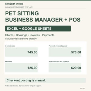 May include: A digital spreadsheet template for pet sitting businesses titled Pet Sitting Business Manager + POS. It includes sections for clients, bookings, invoices, and payments, with a dashboard excerpt showing invoiced sales, payments, expenses, and profit.