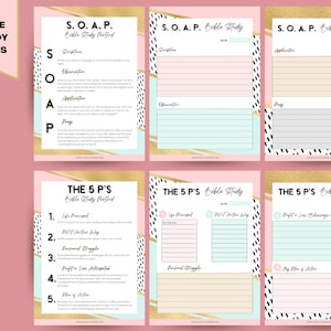 May include: Bible study pages with pink, gold, and teal accents. The pages feature the "S.O.A.P. Bible Study Method" and "The 5 P's Bible Study Method" with prompts for scripture, application, and prayer. The pages are designed for journaling.